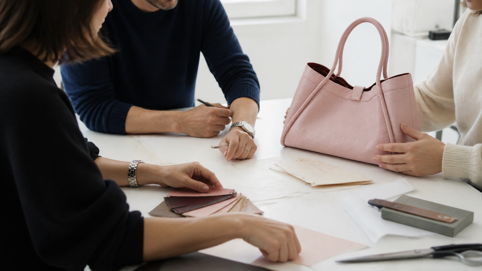 The FRAYDA team reviewing leather bag patterns and samples at the atelier table