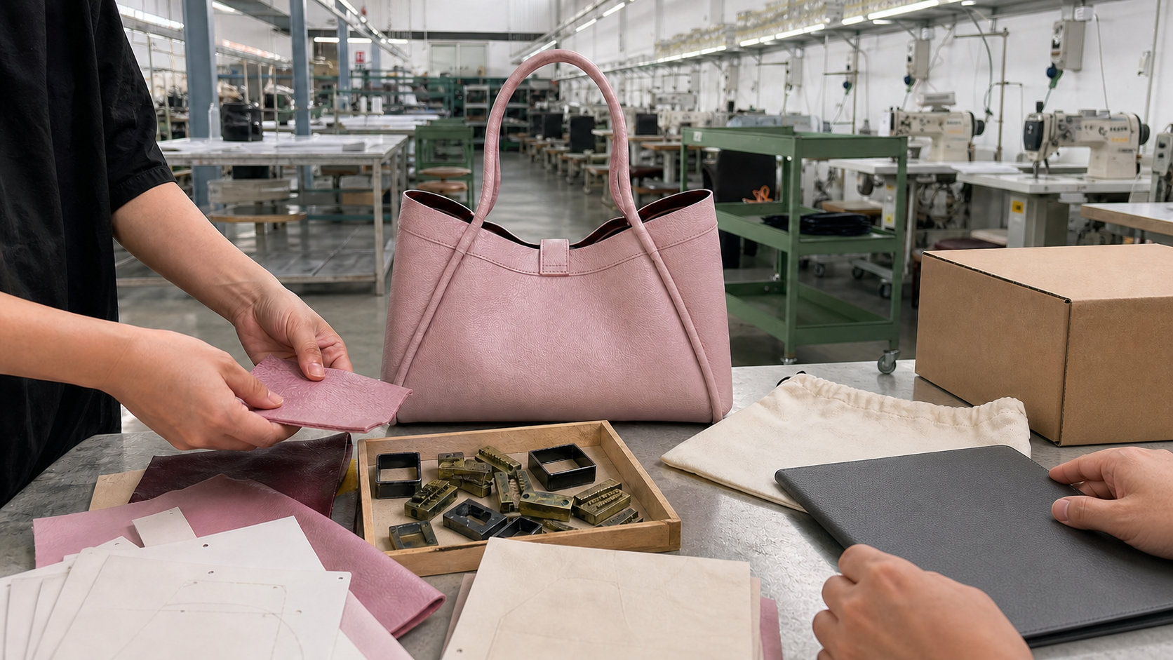 A private-label bag sample, leather swatches, hardware, packaging and production notes arranged for review