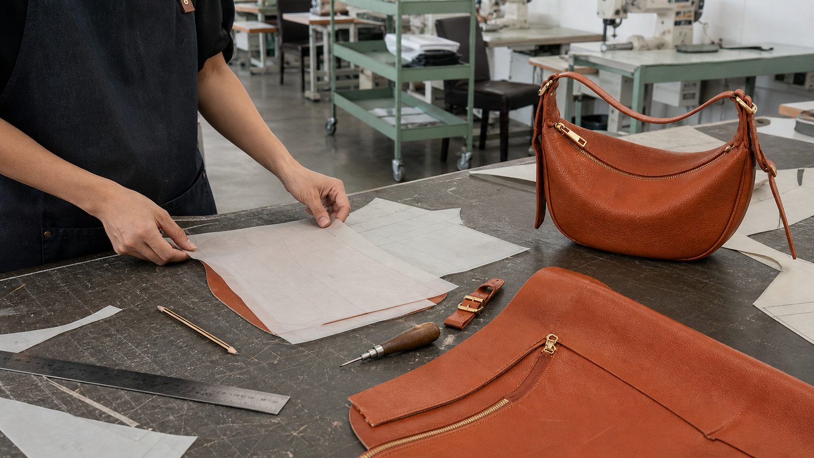 Patterns, drawings, leather swatches and physical bag samples on a development table