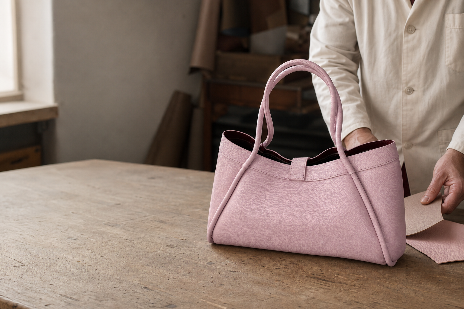 A leather bag and material references reviewed with a Florentine maker at the start of development