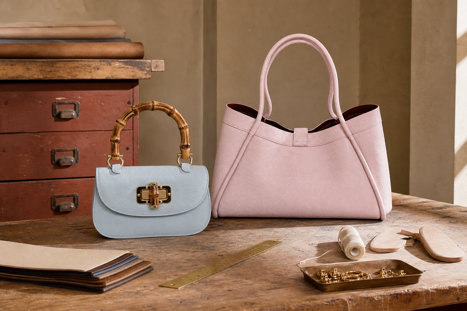 The Conciatori tote and Pitti Mini with leather swatches on an atelier worktable