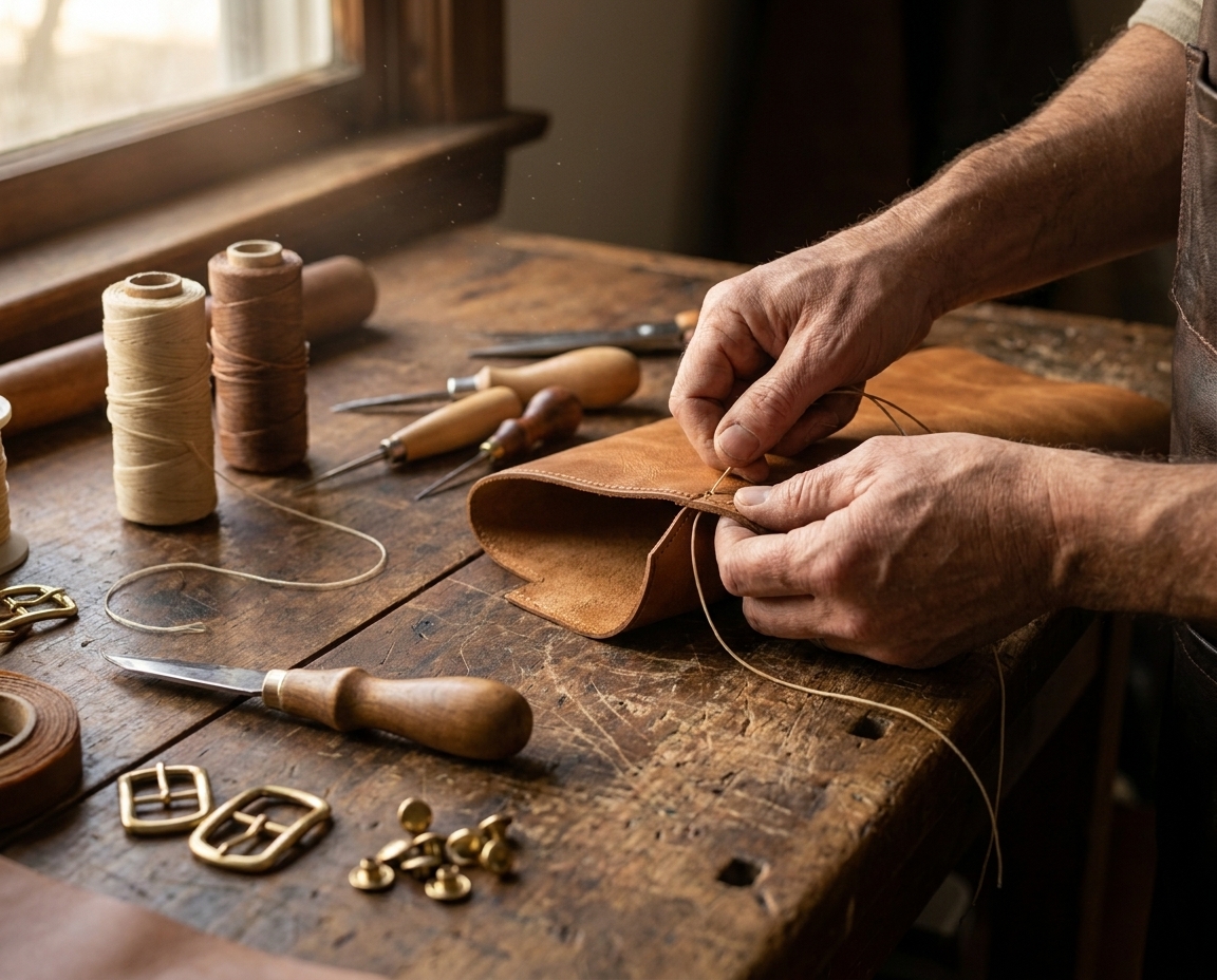 Leather craftsperson hand-stitching a piece in the Florence atelier
